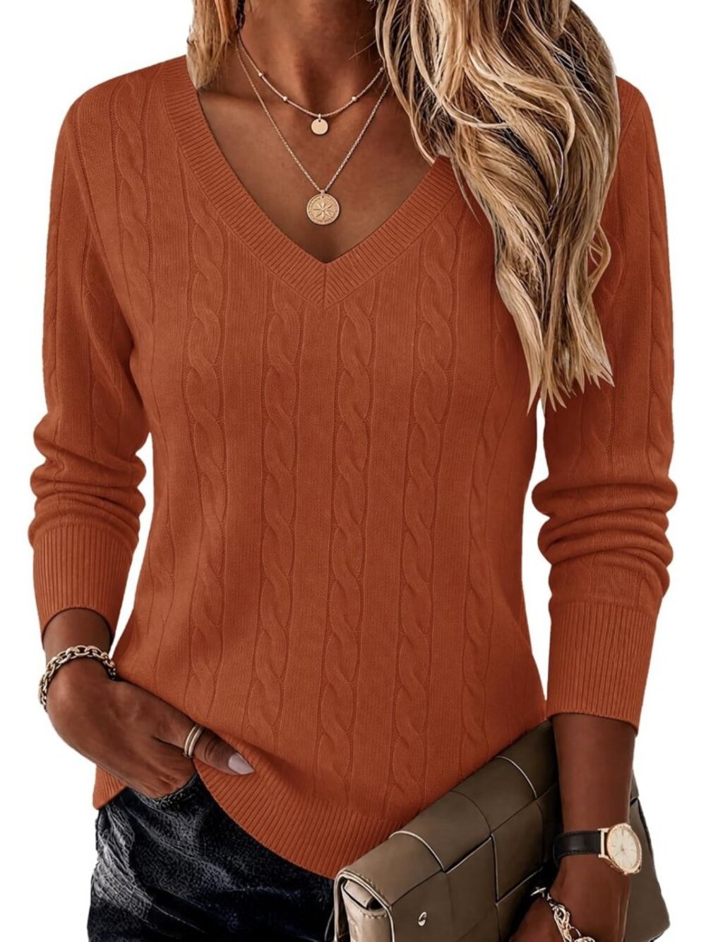 Cozy Cable Knit V Neck Sweater - Long Sleeve Fall Top for Women, Perfect